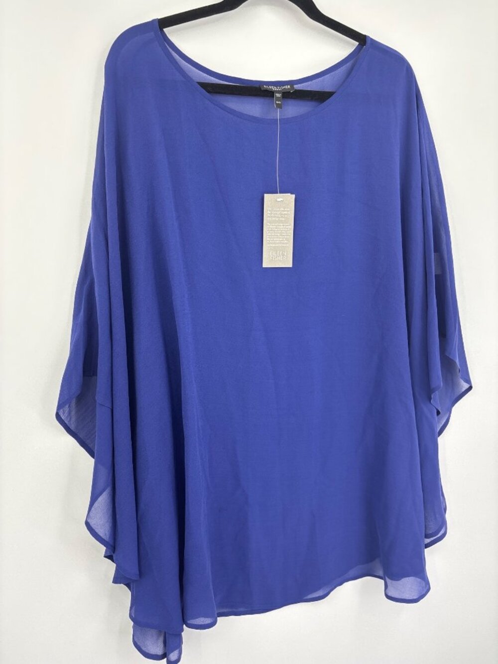 Eileen Fisher Women Sheer 100 % Silk Bateau Georgette Poncho Blue One Size NEW - Picture 2 of 6